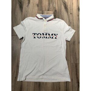 Tommy Hilfiger Men’s L Custom Fit Polo Shirt White Red Blue Spell Out Short Slee